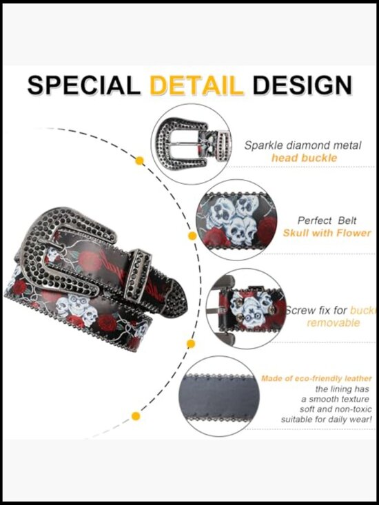 Skull Rhinestone Belt Western Punk Goth Emo Sequin Cowboy Belt